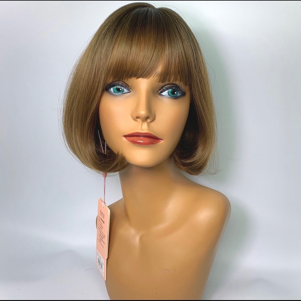 12” Ombre LightBrown Bangs CurlyEnd Synthetic Wig